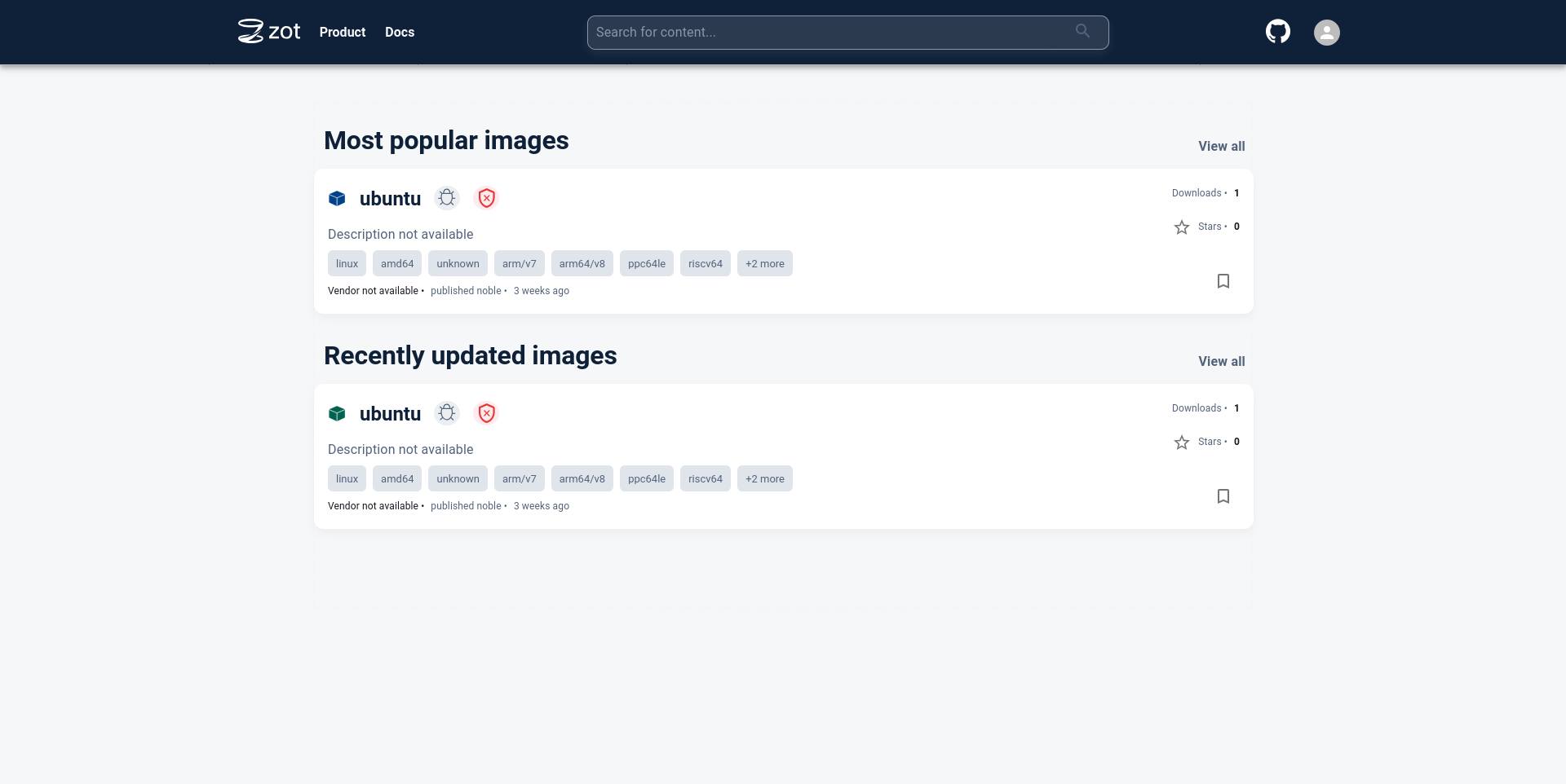 Zot homepage with image