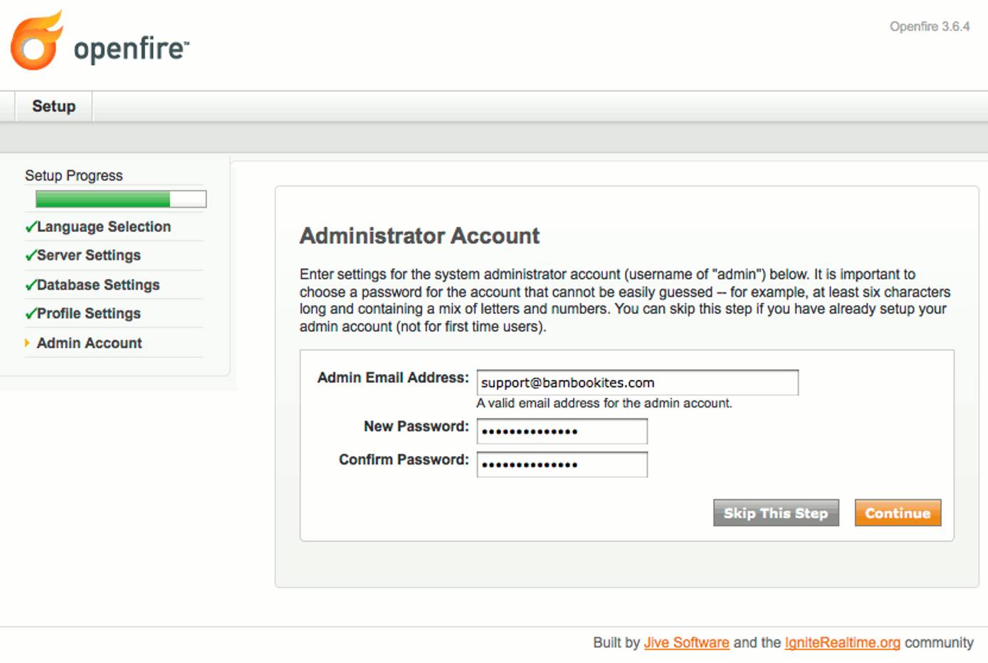 Administrator account settings in Openfire setup on Debian 6 (Squeeze). Administrator account settings in Openfire setup on Debian 6 (Squeeze).