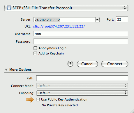 Additional connection options in Cyberduck on Mac OS X. Additional connection options in Cyberduck on Mac OS X.