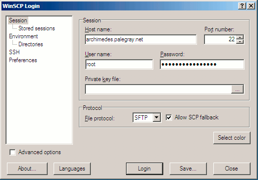 WinSCP session login screen. WinSCP session login screen.
